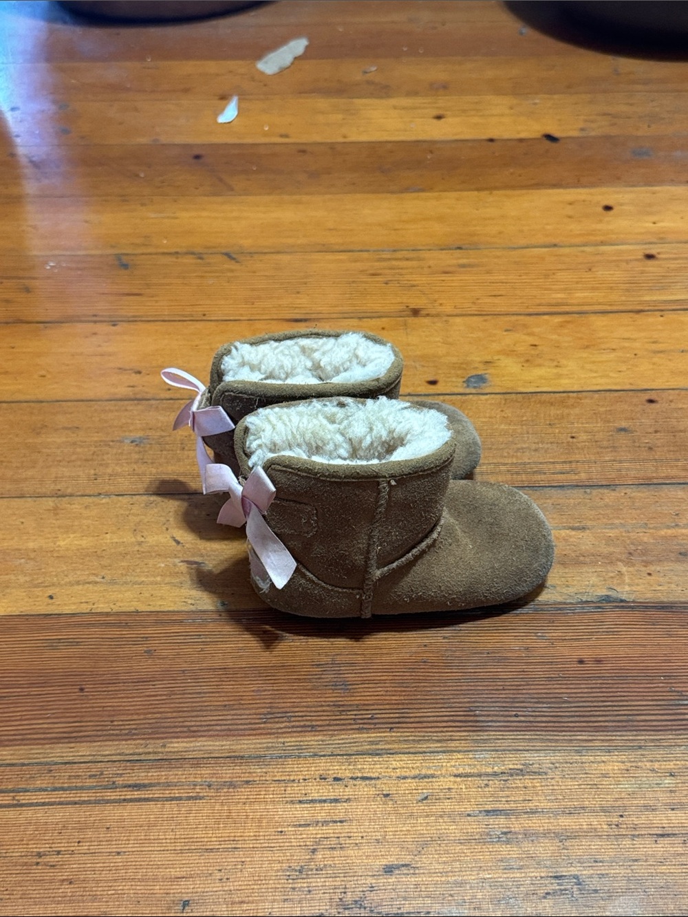 UGG Brown Baby Walker Booties with Pink Ribbon Bows